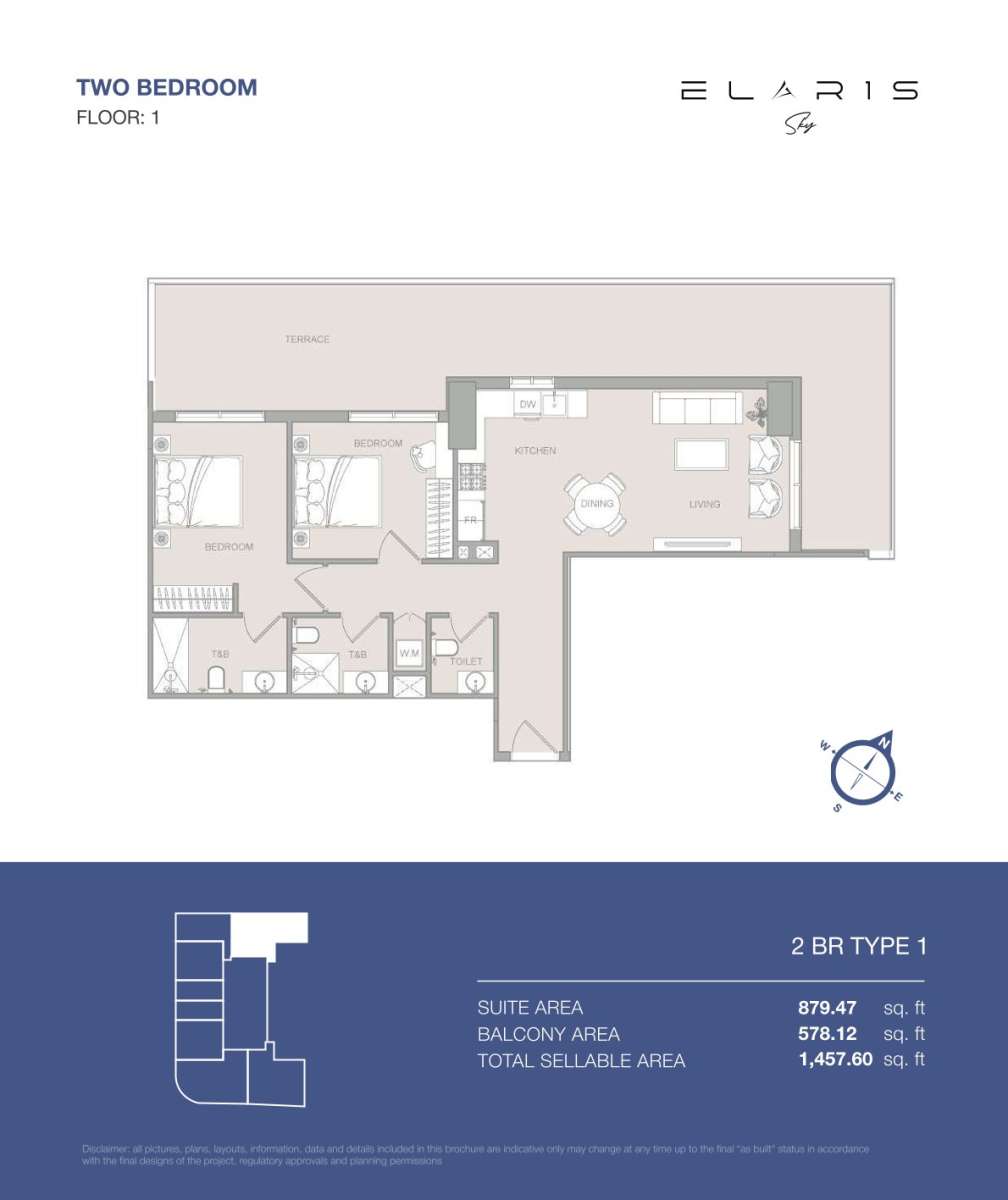 2BR-Type 1 | Elaris Sky offers 2-bedroom apartments in JVT District 3, Jumeirah Village Triangle, Dubai.